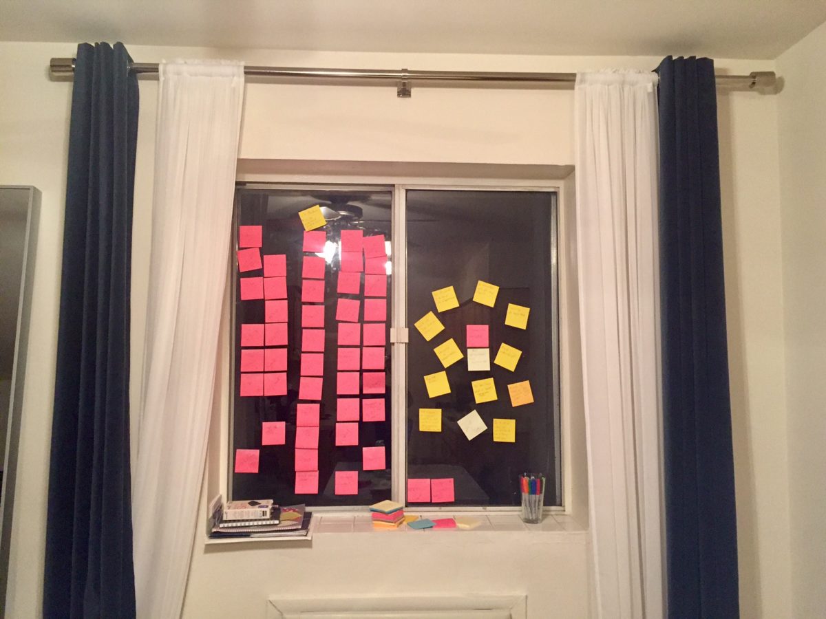 A window, covered in pink sticky notes. Credit: Talisha Payton
