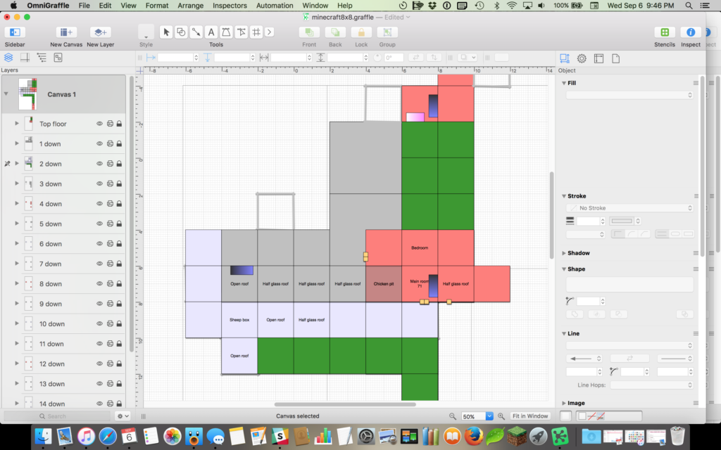 A screenshot of the application Omnigraffle showing that the lunatic author has made a layer in the diagram for every floor of her Minecraft world, and mapped each floor in a different color, and added labels and grass areas and all kinds of other things. All rooms are square. Stairwells are represented as well. 