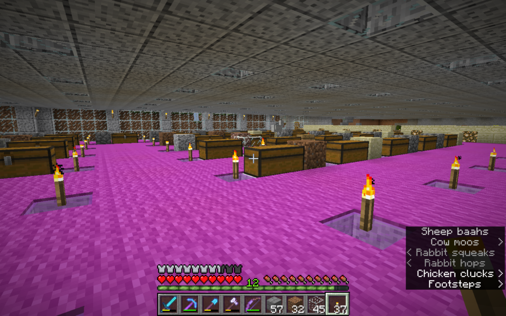 A very large room in minecraft, containing a few dozen two-block chests, each of which is labeled by the block of stone next to it. 