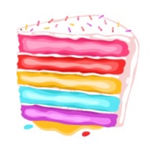illustration of a five-layer cake with different color layers, covered with white icing and sprinkles. Not my thing, but to each their own.