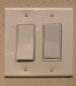 Two paddle switches - the very flat toggle-able switches almost the size of your palm. The one on the right has a small glowing light on it to make it easier to find when it's off.
