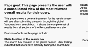 Screenshot of text from a wireframe. "Page goal: this page presents the user with a consolidated view of the most relevant overall results for their query. This page shows a general treatment for the results a user will se after submitting a search through the global Vanguard.com search box. It shows the complete set of results from all sections of the Personal Investors site. Features of note on this page include..." After this, the screenshot shows a few irrelevant lines about the static location of the search box. 