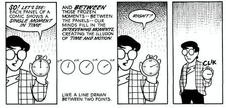 Four panel comic. Panel 1: Scott McCloud, holding a stopwatch, says So! Let's see: Each panel of a comic shows a single moment in time. Panel 2: three sketches of the stopwatch ticking. And between these moments, between the panels, our minds fill in the intervening moments, creating the illusion of time and space. Like a line drawn between two points. Panel 3: The stopwatch Scott is holding has moved to 10 seconds. He says Right? Panel 4: with the stopwatch displaying 15 seconds, he clicks it into the off position. 