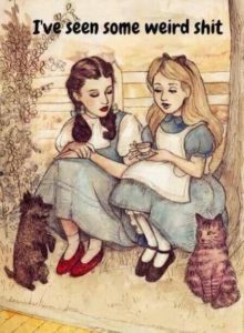 Alice from Alice in Wonderland sitting next to Dorothy from The Wizard of Oz says “I’ve seen some weird shit.”