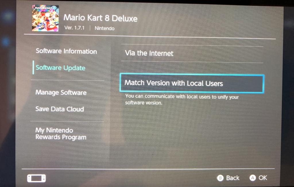 Mario Kart 8 Deluxe Software Update screen with Match Version with Local Users selected