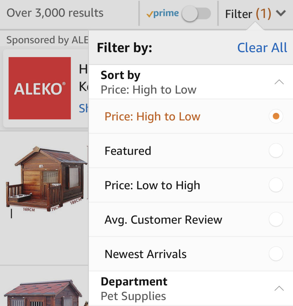 The filter on Amazon's mobile application provides the sort option as the top filter, and provides featured, low to high price, high to low price, average customer review (high to low) and newest arrivals, then gets into the other filters available.