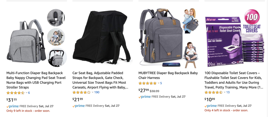 In order, a diaper bag backpack with seat, stroller straps and usb port, a backpack to stick a child's car seat into, another diaper bag with a child's chair, and my personal favorite, 100 toilet seat covers.