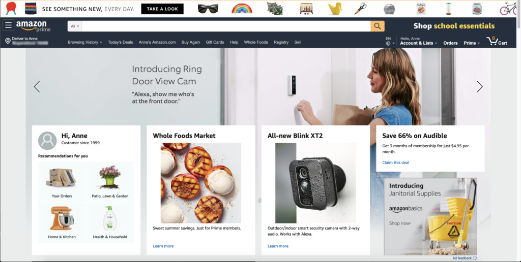 My Amazon homepage, which has a few task-based elements to get me right to recommendations and orders and accounts, but also giant ads for a door view camera, whole foods market, a security camera, Audible files, and janitorial supplies.