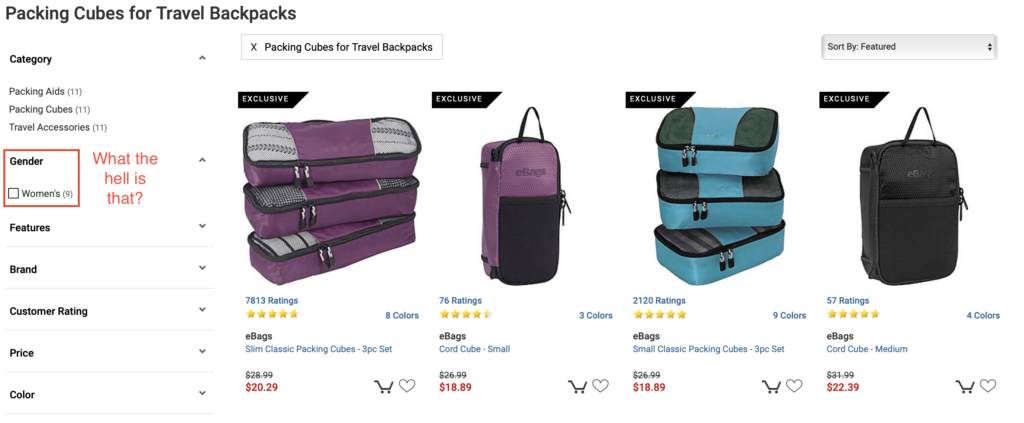 Product list with left filters that indicate we're filtered to packing cubes for travel backpacks (11 results), and one can filter by the gender of "women" (9 results)