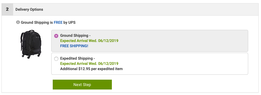Screenshot of the shipping section of a form, where ground shipping will arrive June 12, or for thirteen dollars more expedited shipping will arrive the same date