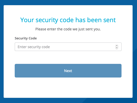 A dialog that indicates a security code has been sent, which provides the user the ability to dial up to the security code number using the up and down arrows. Like someone wants to do that with an eight digit number.