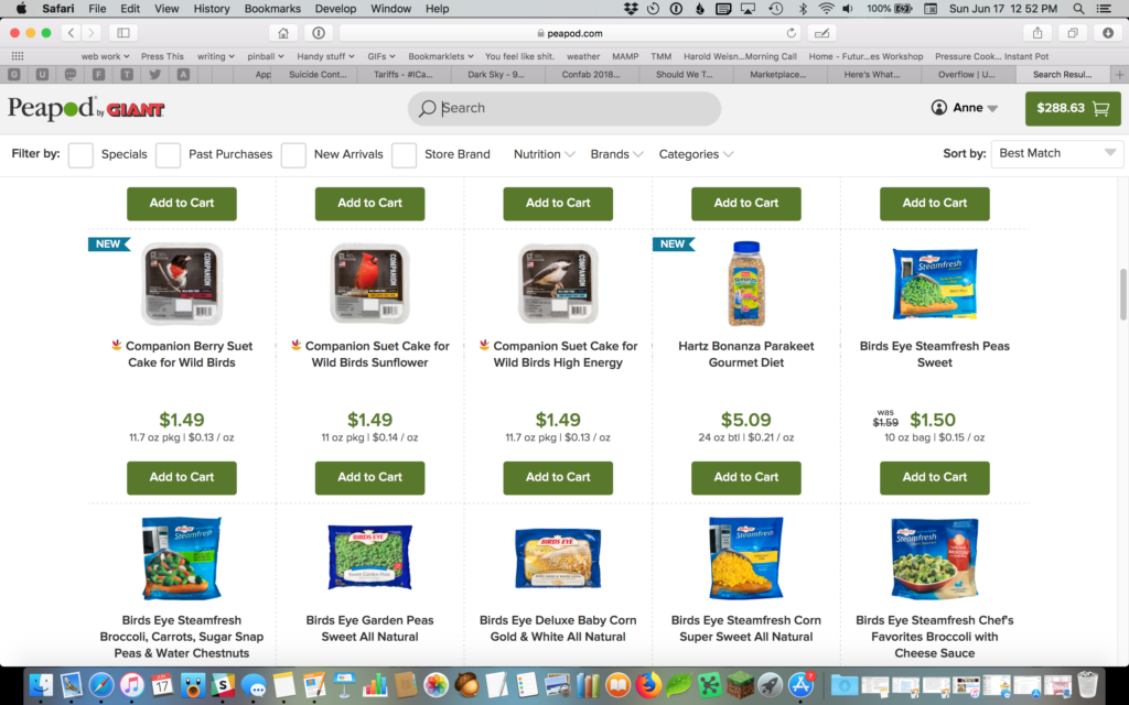 List of products on a grocery store website, where the user searched for bird seed. The results go wild bird seed, wild bird seed, wild bird seed, parakeet food, Bird's Eye brand veggies, veggies, veggies, veggies, veggies, veggies. 