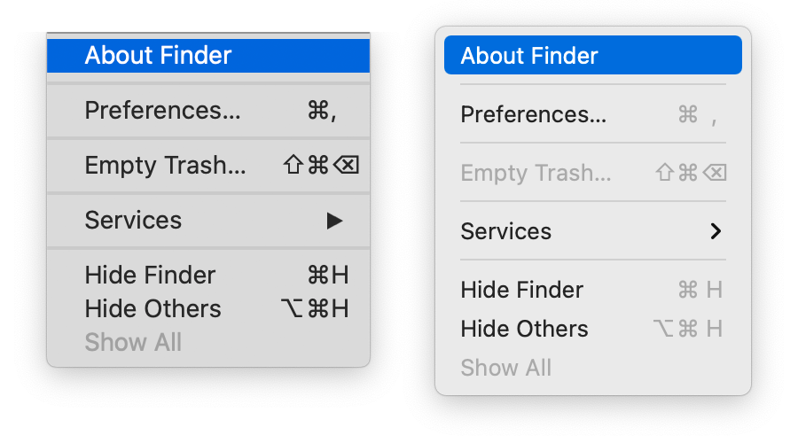 a screenshot of the Finder menu in Catalina, showing how the highlighting was a bar that stretched across an active About Finder menu choice when in hover state on Catalina, and the same active menu choice in Big Sur, showing the About Finder hover state is a blue rounded rectangle.