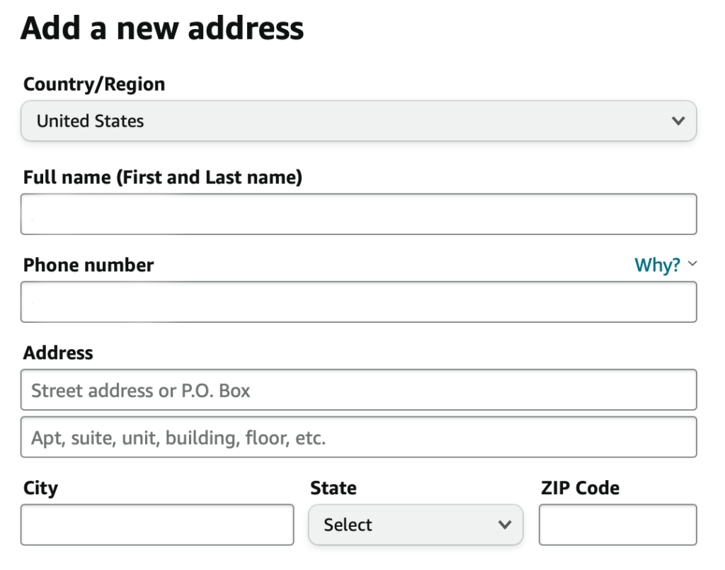 Screenshot of the address form from amazon.com. Details follow.