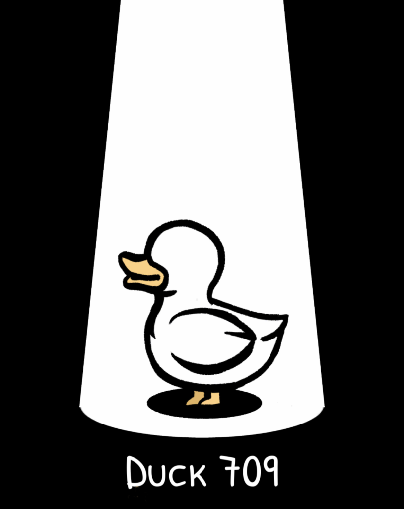 A white duck spotlighted against a black background, captioned Duck 709. More details follow.