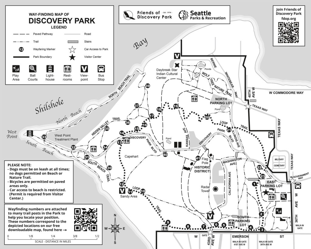 Map of trails in Discovery Park, Seattle, showing roads and buildings